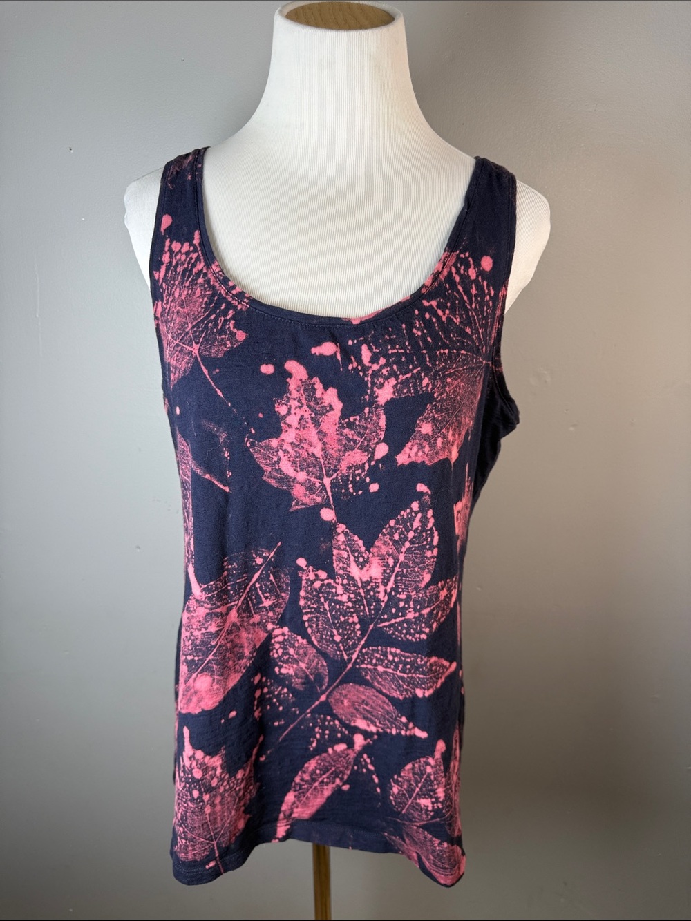 Navy Tank Top with Pink Leaf Print
